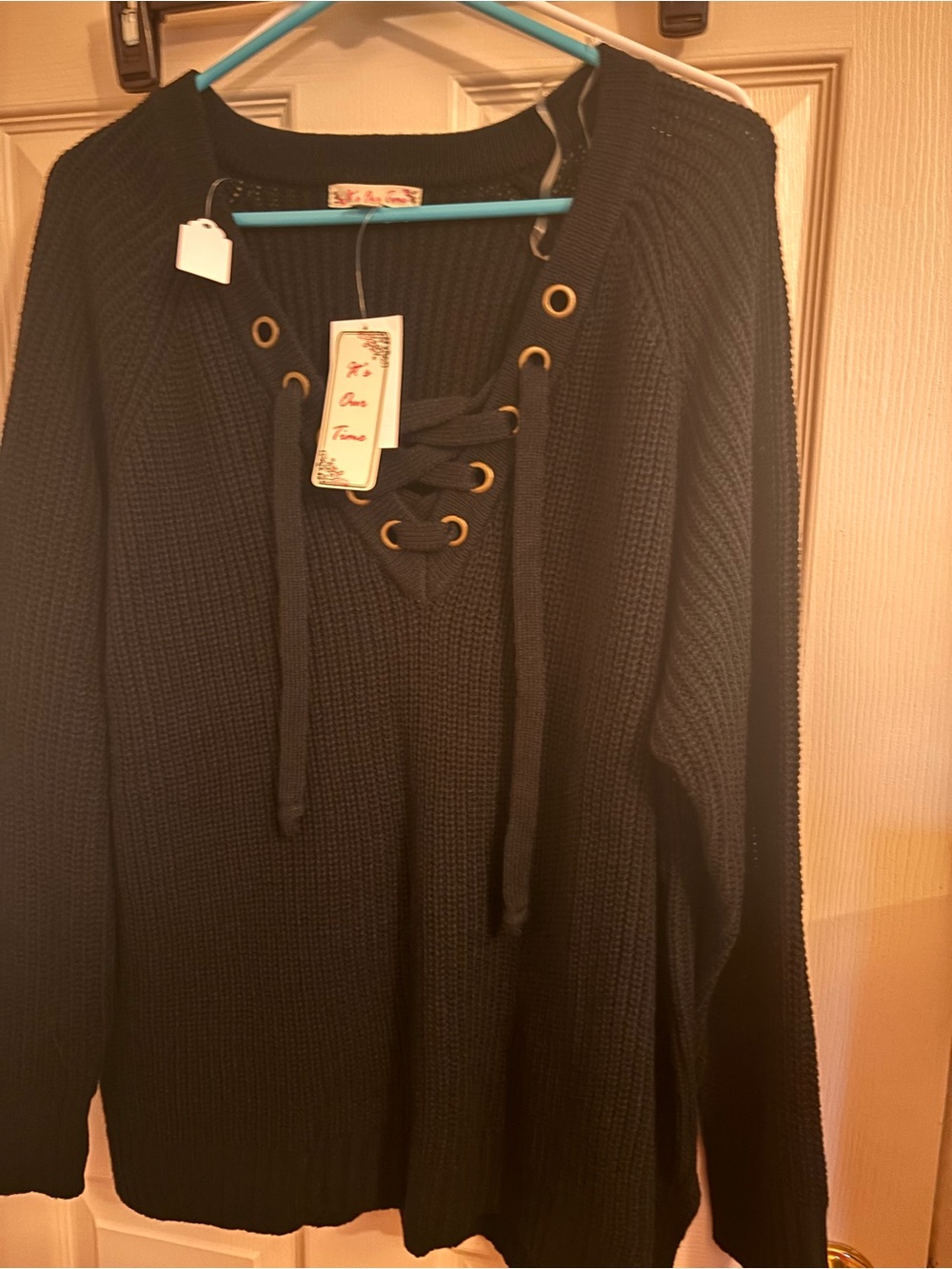 It's Our Time Black Lace-Up V-Neck Knit Sweater